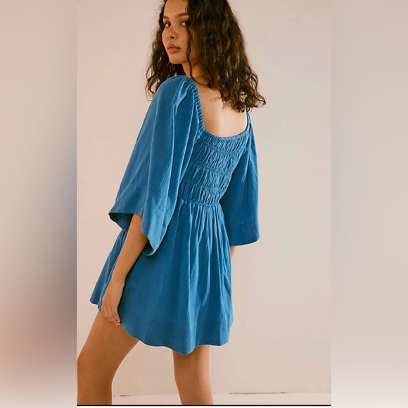 Free People Sunnier With You Mini Dress Blue Smocked Boho Cottagecore Small - Picture 6 of 7